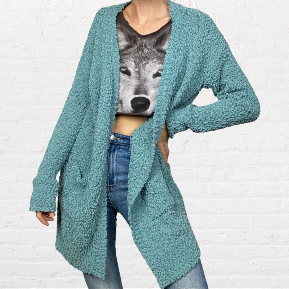 Listicle | Muted Teal Chunky Popcorn Knit Open Front Cardigan Sweater w/Pockets